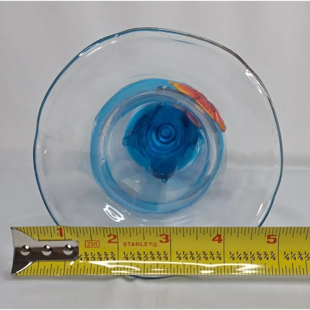 Vintage Murano Style Art Glass Vase | Blue Waves w/ Orange Flower | Hand Blown